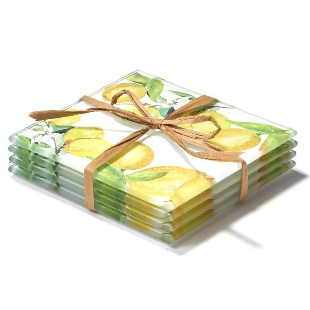 NWT American Atelier Glass Drink Coasters 4"x4" Square Set of 4, Lemon Branches